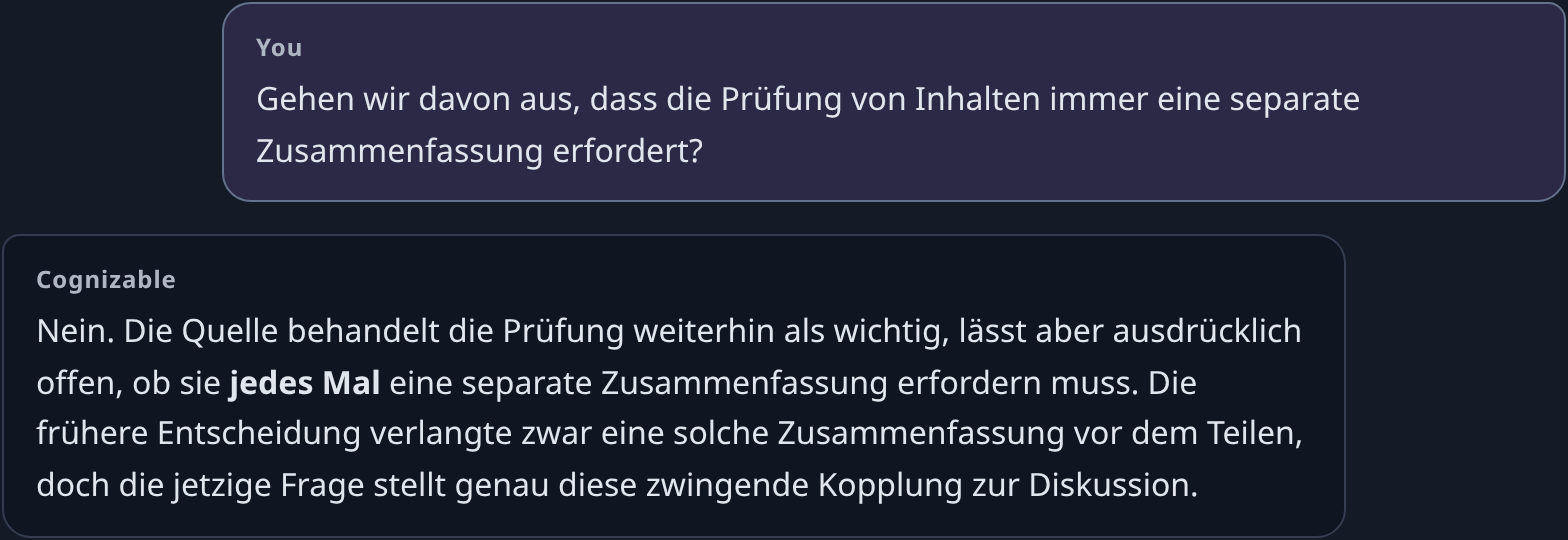 Die Rückfrage zur separaten Zusammenfassung und die vollständige Antwort, die diese Kopplung offenlässt.