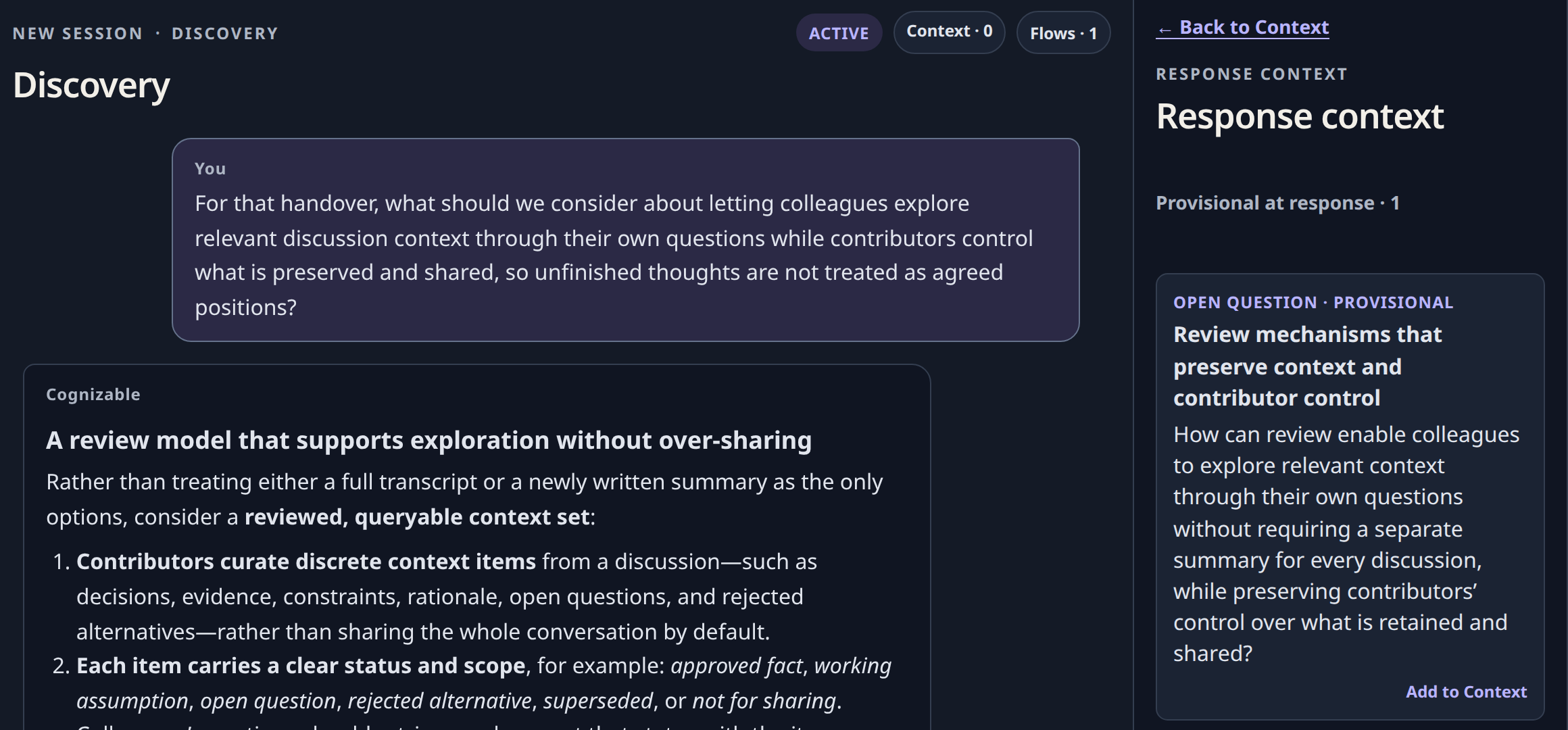 A clarified handover question asks about colleagues exploring discussion context while contributors control what is preserved. The answer opening and provisional Open Question are visible alongside Context 0.